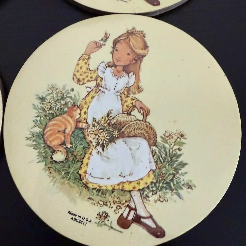 Vintage Holly Hobbie Coaster Set‎ (6) 70s 80s Cork Bottom Kitten Cat Flowers USA